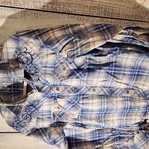 Rock 47 Men's Blue and Tan Plaid Embroidered Casual Shirt Cowboy